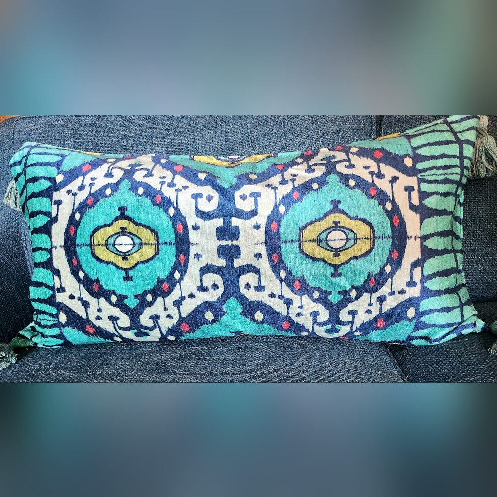 New Williams Sonoma Home Turquoise Ikat Velvet Lumbar Pillow